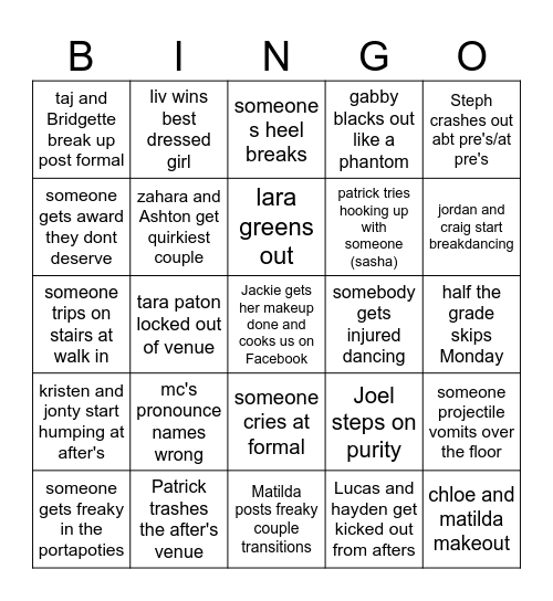 formal and afterrrs Bingo Card
