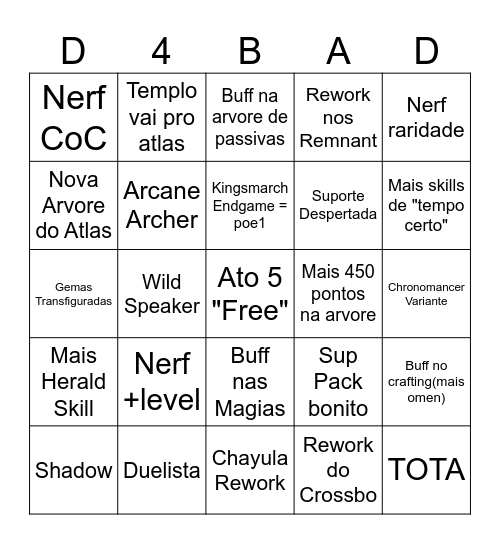 Path of Exile 2 da Maldade Bingo Card