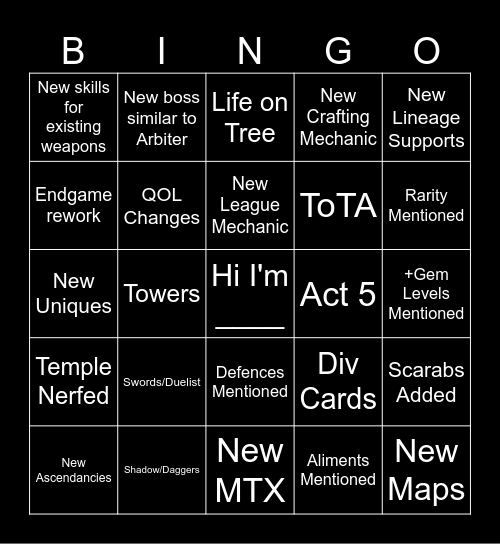 0.5 Reveal Livestream Bingo Card