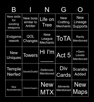 0.5 Reveal Livestream Bingo Card