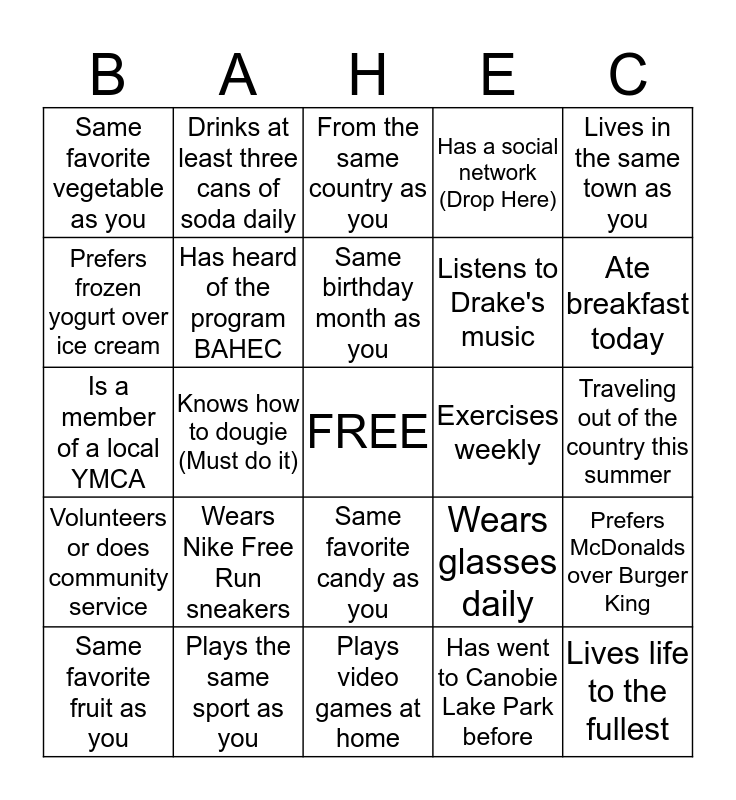 Get Healthy Get Moving "Get to Know You" Bingo Card