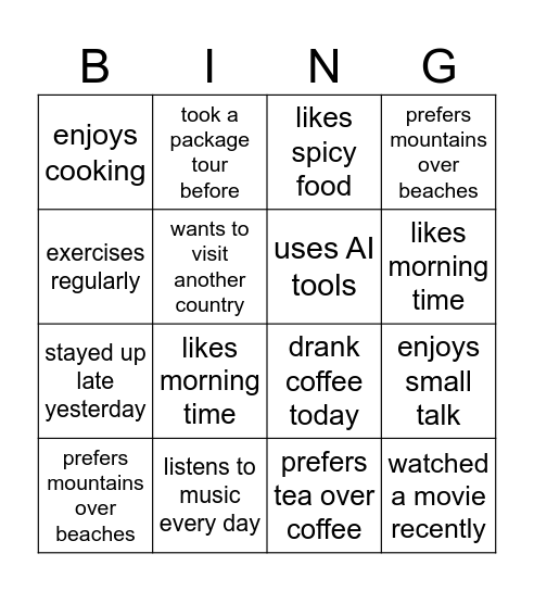 Small Talk Bingo Card