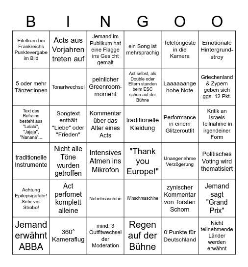 ESC 2026 Bingo Card