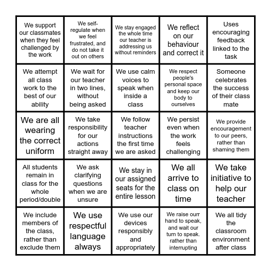 08H – Classroom Conduct Card Bingo Card