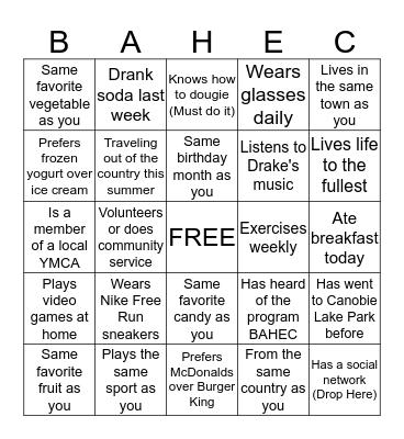 Get Healthy Get Moving  "Get to Know You" Bingo Card