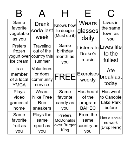 Get Healthy Get Moving  "Get to Know You" Bingo Card