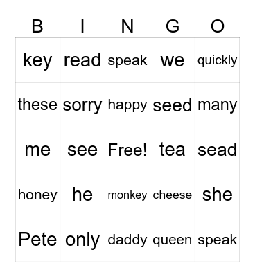Long E  Bingo Card