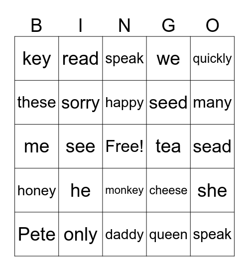 Long E  Bingo Card