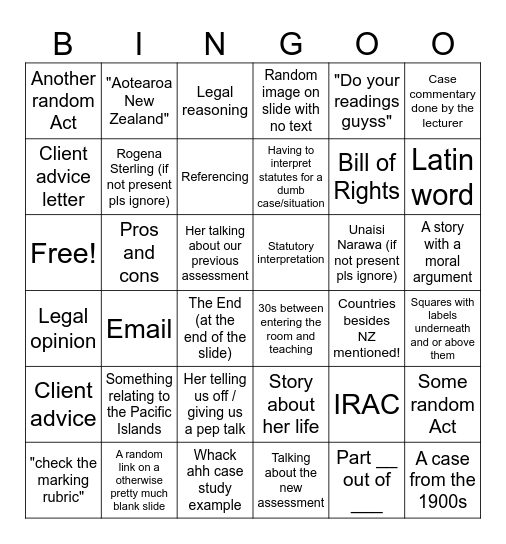 Legal 103 Week 11 (13 May) Bingo Card