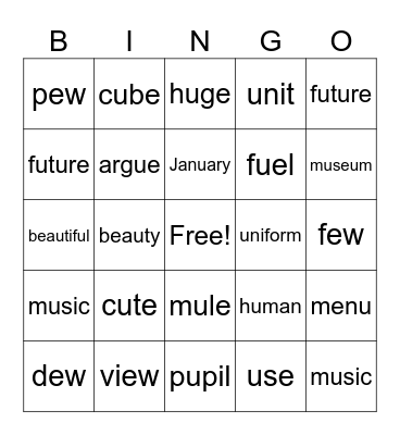 Long U Bingo Card