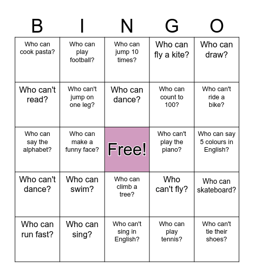 Can/Can't BINGO Card