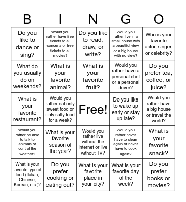Getting to know you Bingo Card