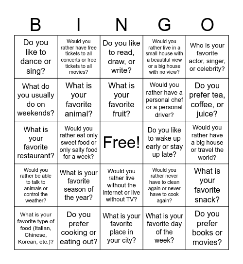 Getting to know you Bingo Card