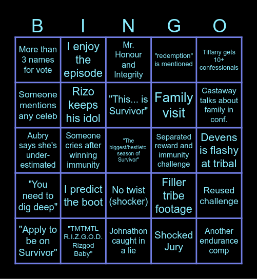 Survivor 50 ep. 12 Bingo Card
