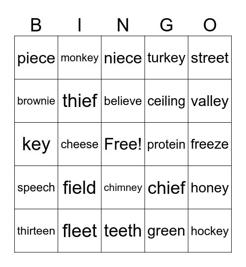 Ei, EY, ie, ei Bingo Card