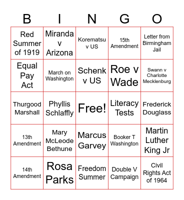 Civil Rights in US History Bingo Card
