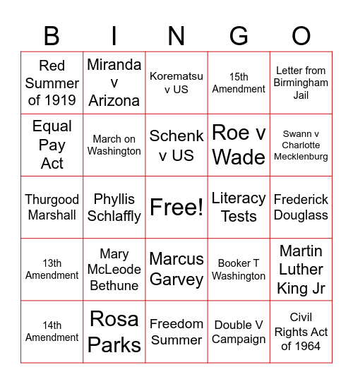 Civil Rights in US History Bingo Card