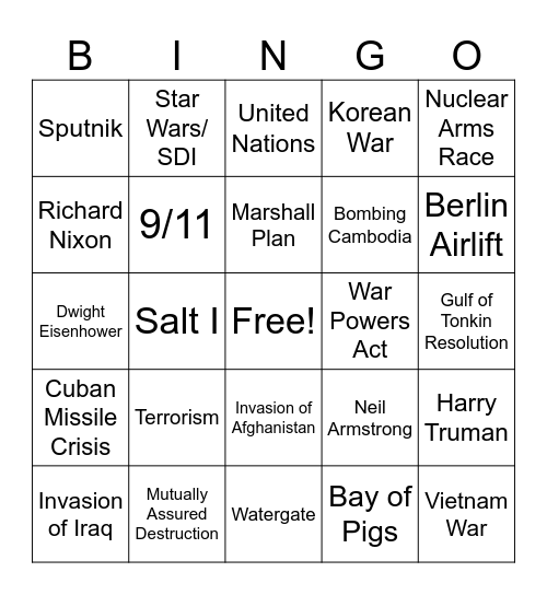 Cold War-Modern US Bingo Card