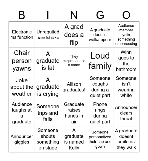 Graduation Bingo Card