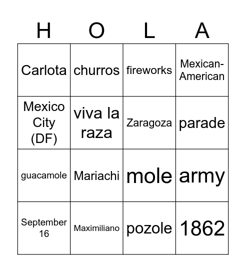 Cinco de mayo Bingo Card