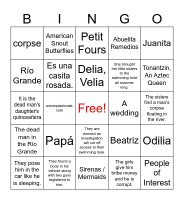 Summer of the Mariposas: Chapters 1-9 Bingo Card