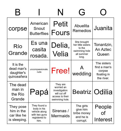 Summer of the Mariposas: Chapters 1-9 Bingo Card