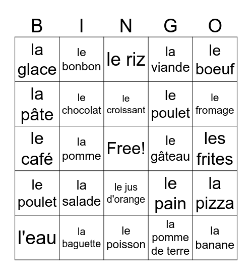 Unité 4 Les nourritures avec les mots Bingo Card