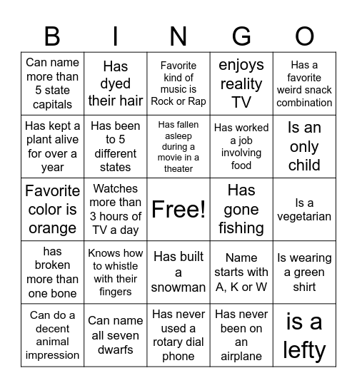 Social Bingo Card