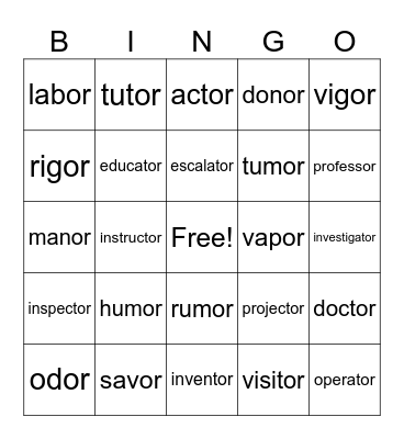 Words with bossy 'or' Bingo Card