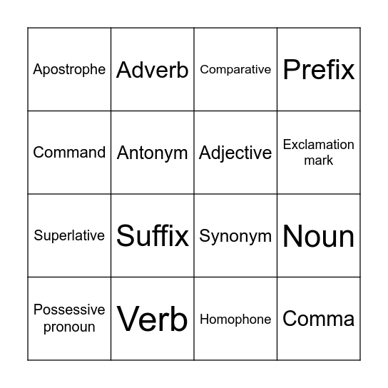 Grammar Bingo Card