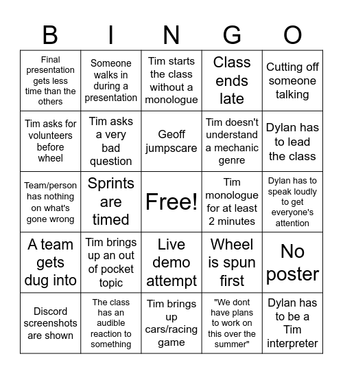 Capstone Finale Bingo Card