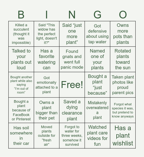 Plant Mom Bingo Card