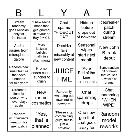 TarkovTV May 8 Bingo Card