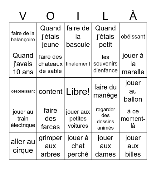 Les Souvenirs d'Enfance Bingo Card