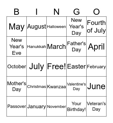 Months and Holidays Bingo Card