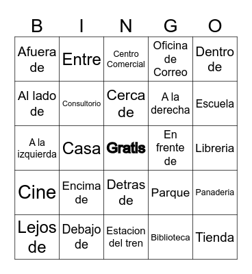 Las Preposciones y Lugares Bingo Card