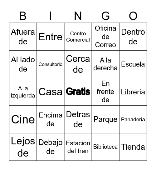 Las Preposciones y Lugares Bingo Card
