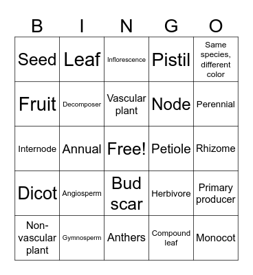 Botany Trip Bingo Card