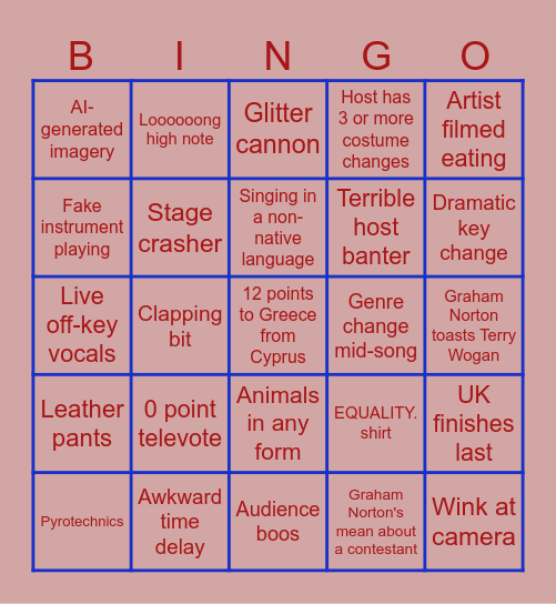 Eurovision 2026 Bingo Card