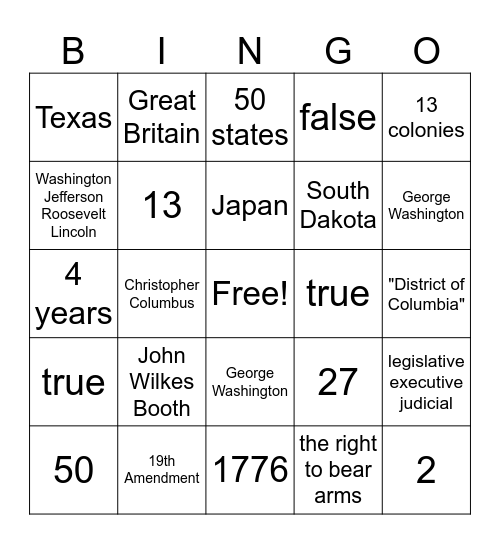 Stars & Stripes Bingo Card