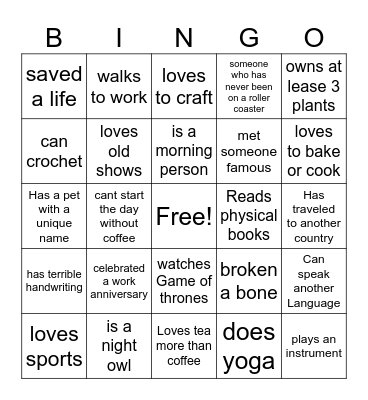 Getting to know you Bingo Card