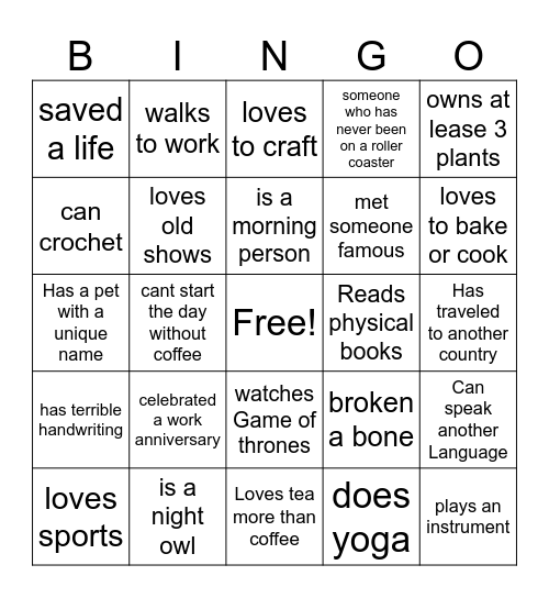 Getting to know you Bingo Card