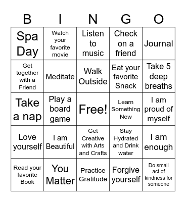 Self Love Bingo! Bingo Card