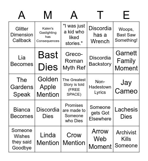 The Reckoning Bingo Card