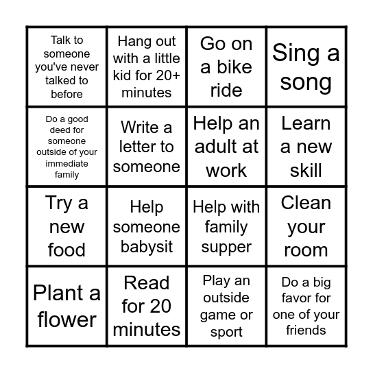 No-School Activity Bingo Card