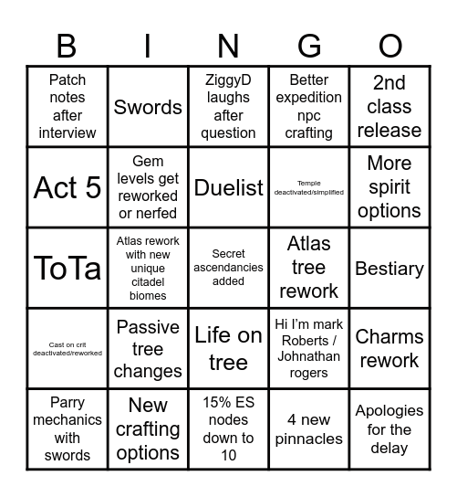 PoE 2 EA Patch 1.0 Bingo Card