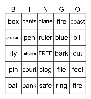 Multiple Meaning Words Bingo Card