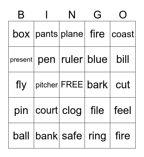Multiple Meaning Words Bingo Card