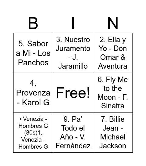 Bingo Musical Bingo Card