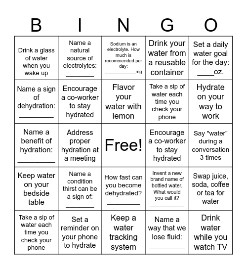 June Hydration Bingo Card